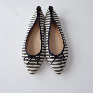 Pre Owned J CREW Gemma Bow Ballet Flats Shoes size 6.5 Striped Canvas Navy Ivory